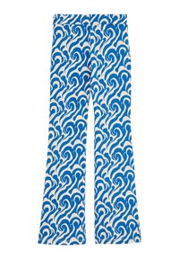 Zilā un baltā viļņu rakstā izgatavoti zvīņoti bikses, izgatavotas no mīksta auduma. Tām ir augsta josta un piešūti maliņas, lai nodrošinātu izturību.