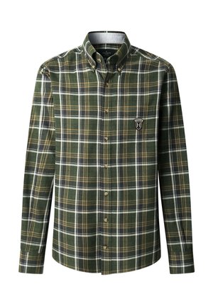 Groen geruit overhemd met knopen, met witte, marineblauwe en bruine strepen, inclusief een logo op de borstzak. Gemaakt van een textuurrijk stof, met lange mouwen en een kraag.