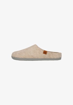Wollenschlappen in Beige mit einer weichen Textur, offenes Rückendesign und grauer Gummisohle. Verfügt über ein kleines braunes Logoetikett an der Seite.