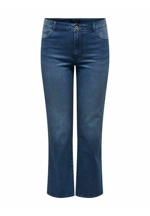 Blå straight-leg denimjeans med forreste knap og lommer, vist på hvid baggrund, uden synligt mærke eller pynt.