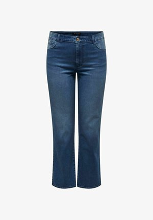 Jean en denim bleu à jambes droites avec boutons avant et poches, présenté sur fond blanc, sans marque visible ni ornements.