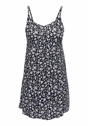 Sort ærmeløs kjole med tynde stropper og mønster af små hvide og lyseblå blomster.