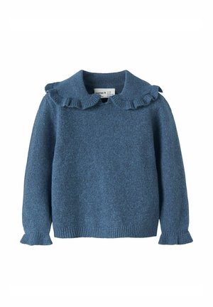 Pull bleu en maille à manches longues avec col et poignets volantés, conçu pour enfants.