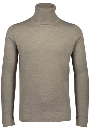 Suéter de cuello alto beige hecho de un material de punto suave. Presenta mangas largas y una silueta ajustada con un diseño minimalista y sin patrones visibles.