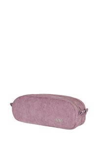 Paarse corduroy etui met een ronde vorm, dubbele ritssluitingen en een gegraveerd Roxy-logo. Zachte structuur met zichtbare ribbelpatroon.