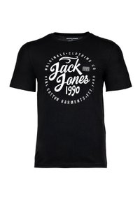 Camiseta de algodón negra con mangas cortas. Presenta un gran gráfico circular blanco con el texto "Jack Jones" y "1990" en varias tipografías.