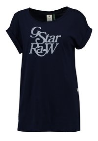 Námorně modré tričko vyrobené z bavlny, s kulatým výstřihem, ohrnutými rukávy a velkým světlosivým logem "G-Star RAW" potisknutým na přední straně.