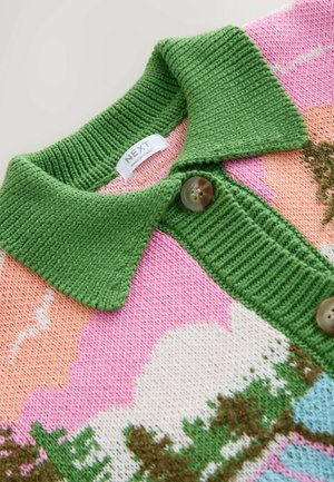 Gestrickter Pullover mit grünem Kragen, mit rosa und pfirsichfarbenem Hintergrund und Baum-Mustern. Knöpfe in der Mitte; Etikett am Halsausschnitt sichtbar.
