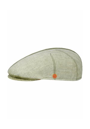 Light green herringbone flat cap with stitched panels and small round orange brand label on the side.