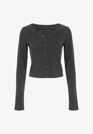 Mørkegrå ribbet crop cardigan med lange ærmer, rund halsudskæring og knapper foran.