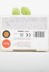 Weiche Plüschbox mit einem pastellfarbenen Design, mit Text und Logos in verschiedenen Farben. Zwei grüne plüschige Klappen, die oben wie Blätter aussehen.