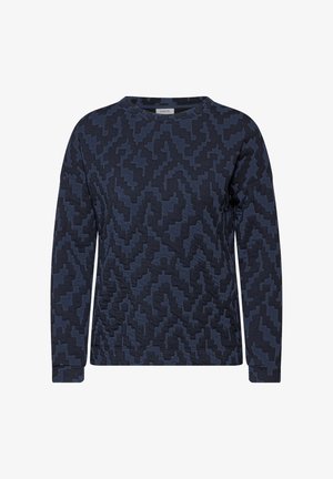 Mörkblå sweatshirt med en texturerad zigzagmönster, långa ärmar och rund halsringning. Tillverkad av mjukt tyg med en avslappnad passform.