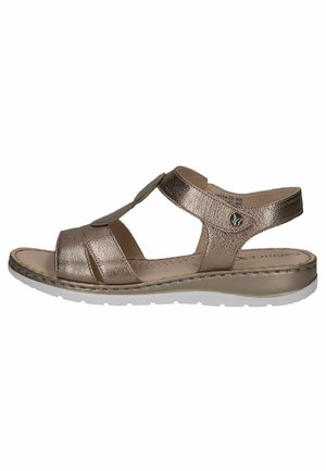 Sandali metallici bronzo con design a T-strap, cinturini superiori regolabili, soletta imbottita e suola in gomma bianca.