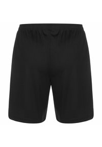 Svarta atletiska shorts med elastiskt midjeband, sedda bakifrån mot en vit bakgrund.