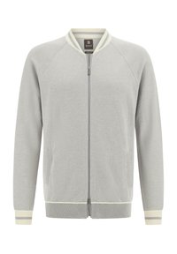 Cardigan grigio chiaro con zip realizzato in tessuto trapuntato. Presenta colletto, polsini e orlo a costine con strisce crema e grigie. Due tasche laterali.