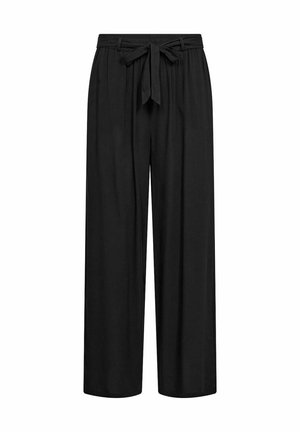 Pantalons noirs à jambes larges en tissu léger, dotés d'une taille élastique avec une ceinture en tissu, texture lisse et sans détails de poche.