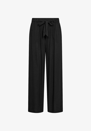 Pantalons noirs à jambes larges en tissu léger, dotés d'une taille élastique avec une ceinture en tissu, texture lisse et sans détails de poche.