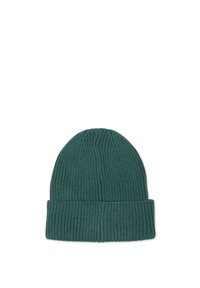 Bonnet tricoté en teal foncé, avec une texture de côtes verticales et un revers replié. Conçu pour la chaleur et le confort.