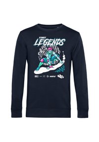 Felpa a manica lunga blu navy con un design grafico di un personaggio dai capelli rosa, testo "STREET LEGENDS" e accenti colorati.