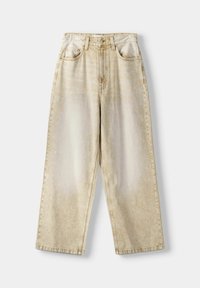 Beiga denimjeans med vida ben och hög midja, två framfickor och en subtil urtvättad textur. Tungt tyg med en rak silhuett.