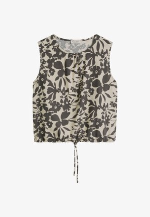 Ärmelloses cremefarbenes Crop-Top mit schwarzem Blumenmuster, rundem Ausschnitt und verstellbarer Kordel am Saum.