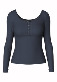 Långärmad ribbad topp i mörkblått med en vid rundad halsringning, med en knappslå med fyra metallknappar. Slät textur.