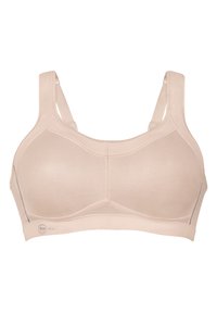 Beige sports bra featuring a textured mesh design, wide straps for support, and a seamless finish. Includes breathable materials for comfort.