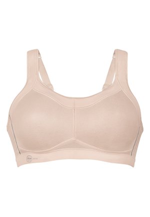 Beige Sport-BH mit texturiertem Mesh-Design, breiten Trägern für Unterstützung und nahtlosem Finish. Enthält atmungsaktive Materialien für Komfort.