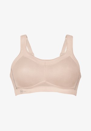 Beige sportbeha met een gestructureerd netontwerp, brede straps voor ondersteuning en een naadloze afwerking. Bevat ademende materialen voor comfort.