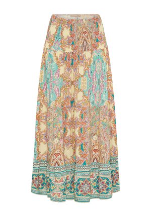 Lang nederdel med en samlet elastisk talje. Har et paisley-mønster i nuancer af orange, turkis og creme med dekorerende kantdetaljer.