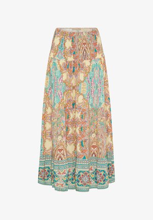 Lang nederdel med en samlet elastisk talje. Har et paisley-mønster i nuancer af orange, turkis og creme med dekorerende kantdetaljer.