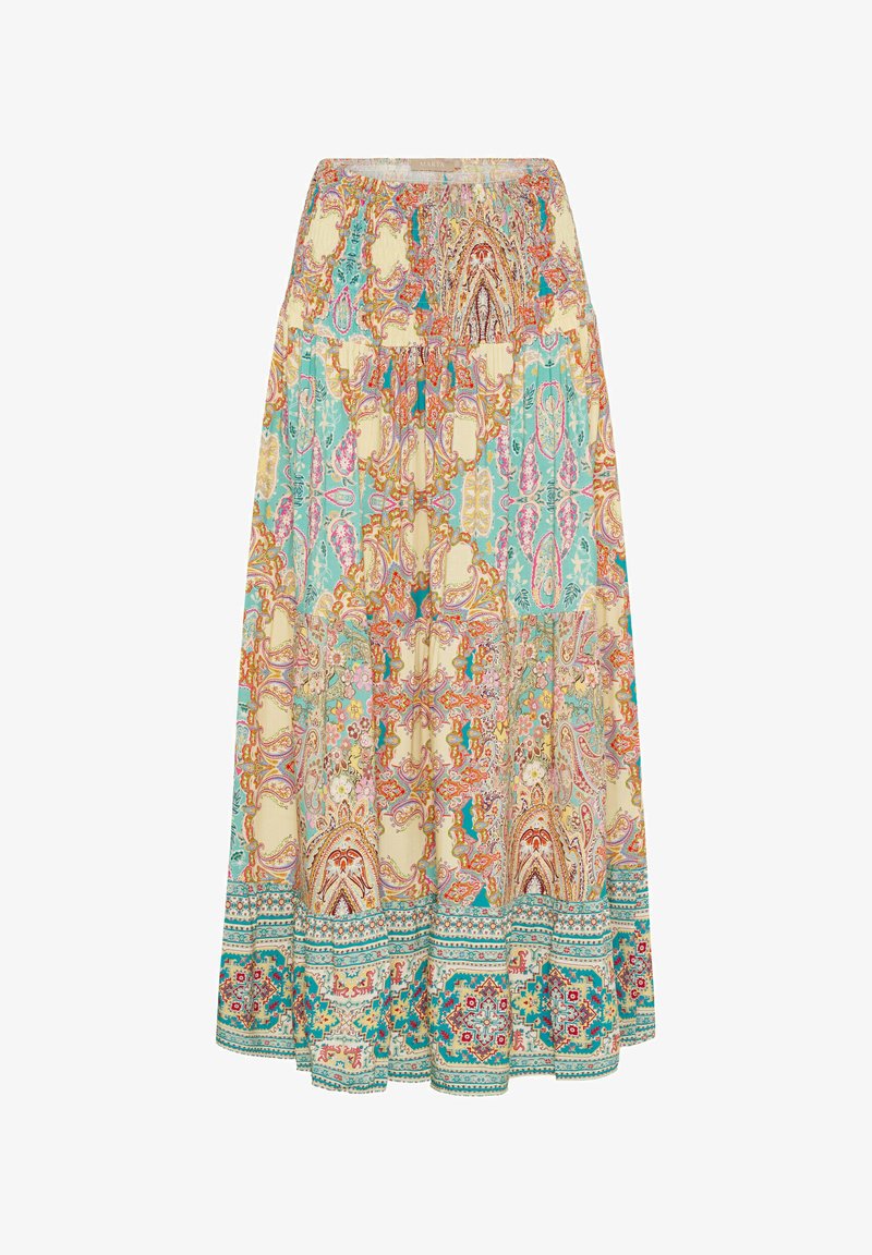 Lang nederdel med en samlet elastisk talje. Har et paisley-mønster i nuancer af orange, turkis og creme med dekorerende kantdetaljer.