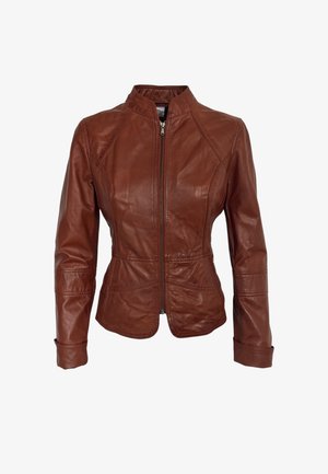 Brown leather jacket with zipper front, stand collar, and long sleeves, featuring stitched panel details and a fitted waist.