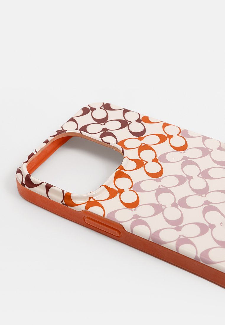 Coque de téléphone avec une finition brillante, affichant un motif répétitif de boucles entrelacées en orange, marron et rose clair sur un fond crème.