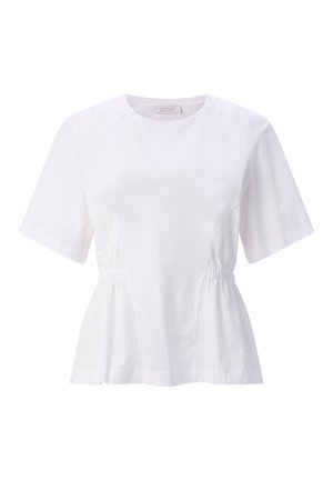 White short-sleeve blouse with round neckline and gathered waist detailing, flaring slightly at the hem.