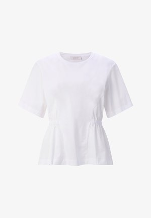 White short-sleeve blouse with round neckline and gathered waist detailing, flaring slightly at the hem.