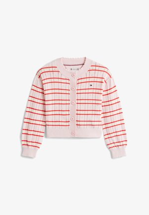 Light pink knitted cardigan with red horizontal and vertical stripes, button closure, ribbed cuffs, hem, and neckline.