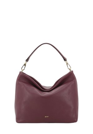 Maroon leather handbag with a curved shape, soft texture, and a single handle. Features gold hardware and logo at the bottom front.