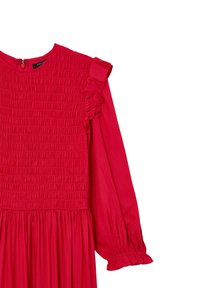 Abito rosso con corpetto arricciato, maniche lunghe e dettagli a volant. Tessuto morbido, gonna fluida e chiusura con zip sul retro.