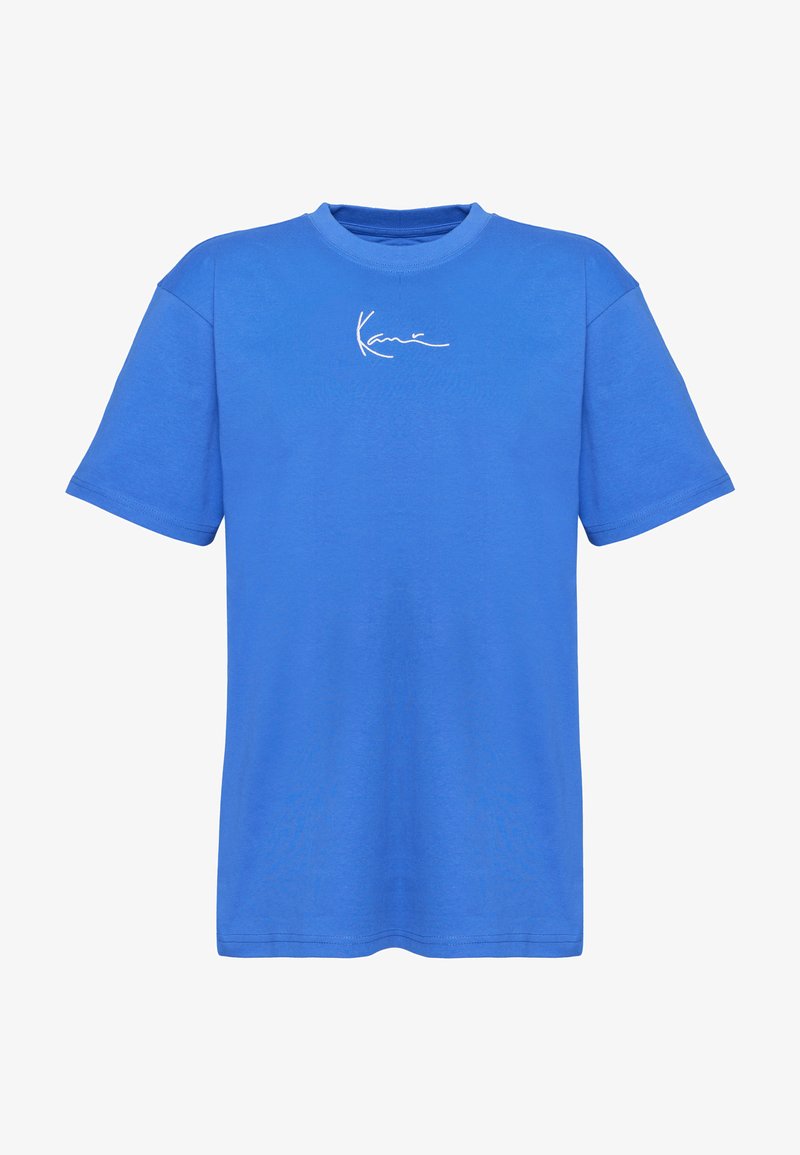 Sinine lühikeste varrukatega ümara kaelusega T-särk, millel on valge väike "Kani" logo rinnal keskel, esitatud ühel valgel taustal.