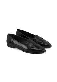 Zwarte leren loafers met een glanzende afwerking, voorzien van een getextureerde band over de bovenkant en een platte zool. Klassieke, gestroomlijnde vorm.