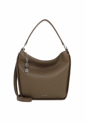 Brown leather shoulder bag with textured surface, curved shape, silver hardware, and detachable strap. Features logo detail on front.