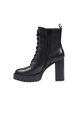 Stivaletto nero in pelle con tacco alto, chiusura frontale con lacci, zip laterale, tacco spesso e robusto e linguetta sul retro.