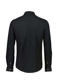 Zwarte langemouwen shirt, effen kleur, rechte zoom, rugpand, knoopdetail op de manchetten, gemaakt van lichtgewicht stof.