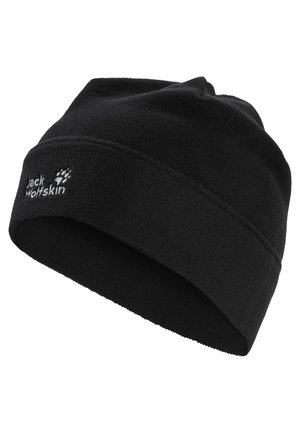 Berretto in pile nero con bordo piegato e logo bianco "Jack Wolfskin" ricamato sul davanti.