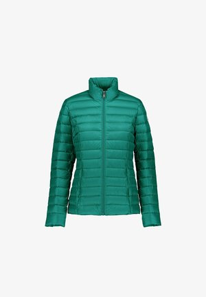 Giacca piumino trapuntata verde petrolio con cerniera frontale completa e collo alto, maniche lunghe e design aderente.