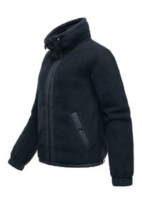 Dark navy fleece jacket with a high collar, zip front closure, elastic cuffs, and side pockets, featuring a textured exterior finish.