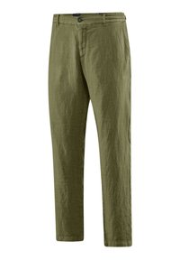 Pantaloni in lino verde oliva a gamba dritta, con vita piatta, chiusura a bottone e tasche laterali; tessuto leggero e con una texture.