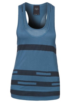 Blauw tanktop van zacht materiaal, met horizontale zwarte strepen in verschillende breedtes. Ronde halslijn en zonder mouwen.