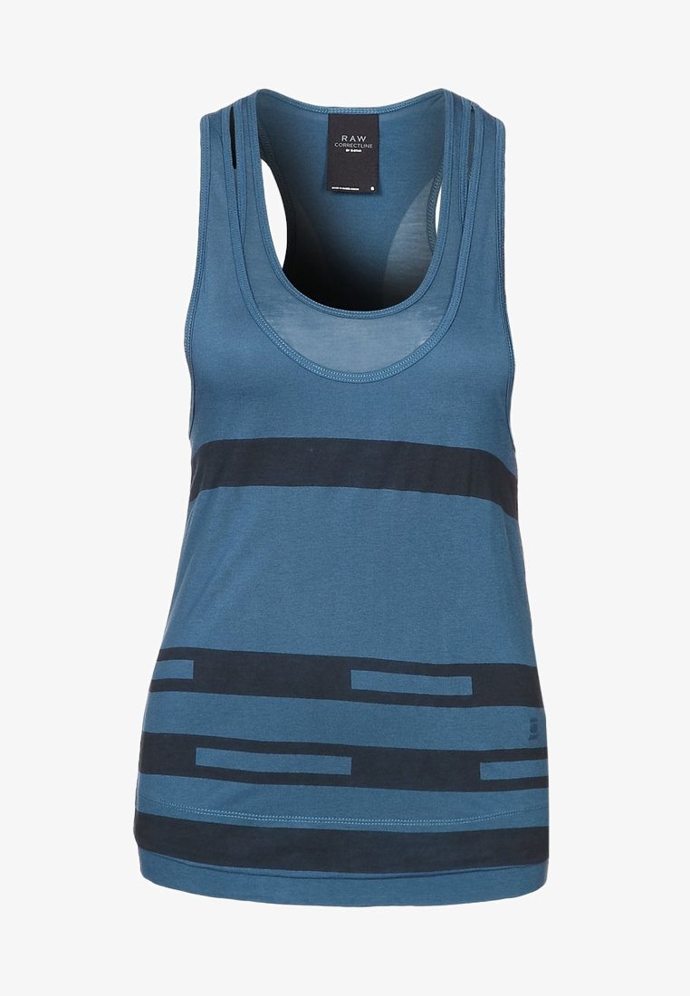 Blå tanktopp i mjukt tyg, med horisontella svarta ränder i varierande bredder. Rund halsringning och ärmlös design.